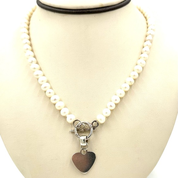 Genuine Pearl Necklace Sterling Silver Heart Pendant Toggle Clasp - Picture 4 of 11